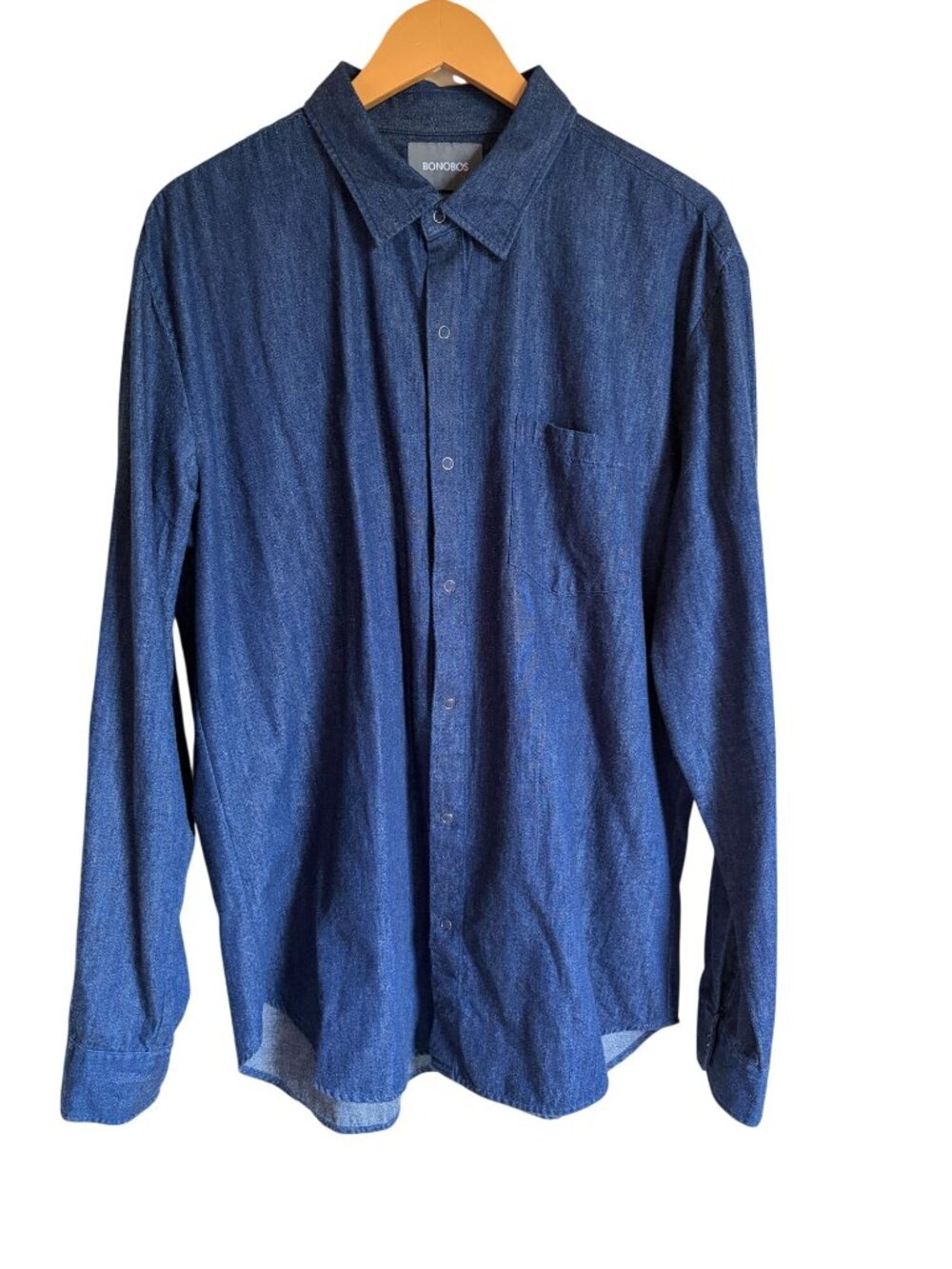 BONOBOS Size XL Slim Fit Dark Denim Chambray Snap Front Collared Dress Shirt